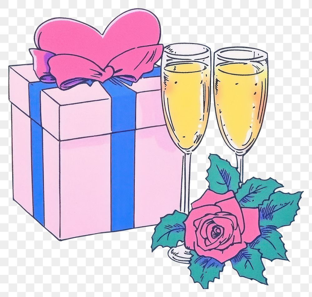 PNG Pink gift box rose illustration champagne.