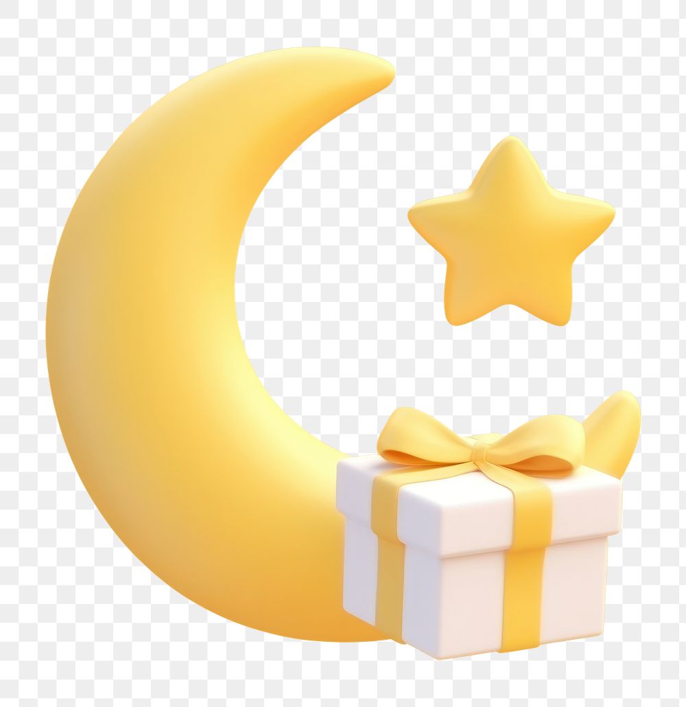 PNG Yellow crescent moon and star with a white gift box on a yellow background. Moon and star create a dreamy, celestial…