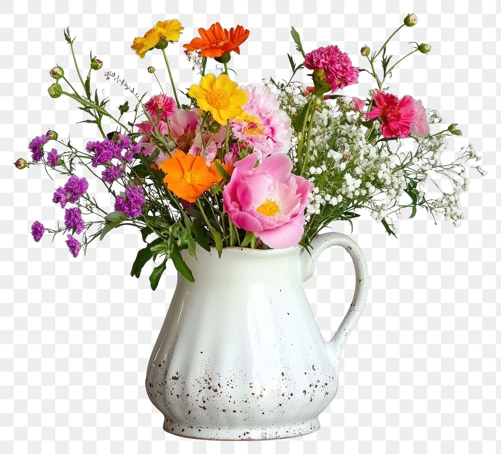 PNG A white enamel pitcher filled with colorful wildflowers arrangement vibrant rustic.