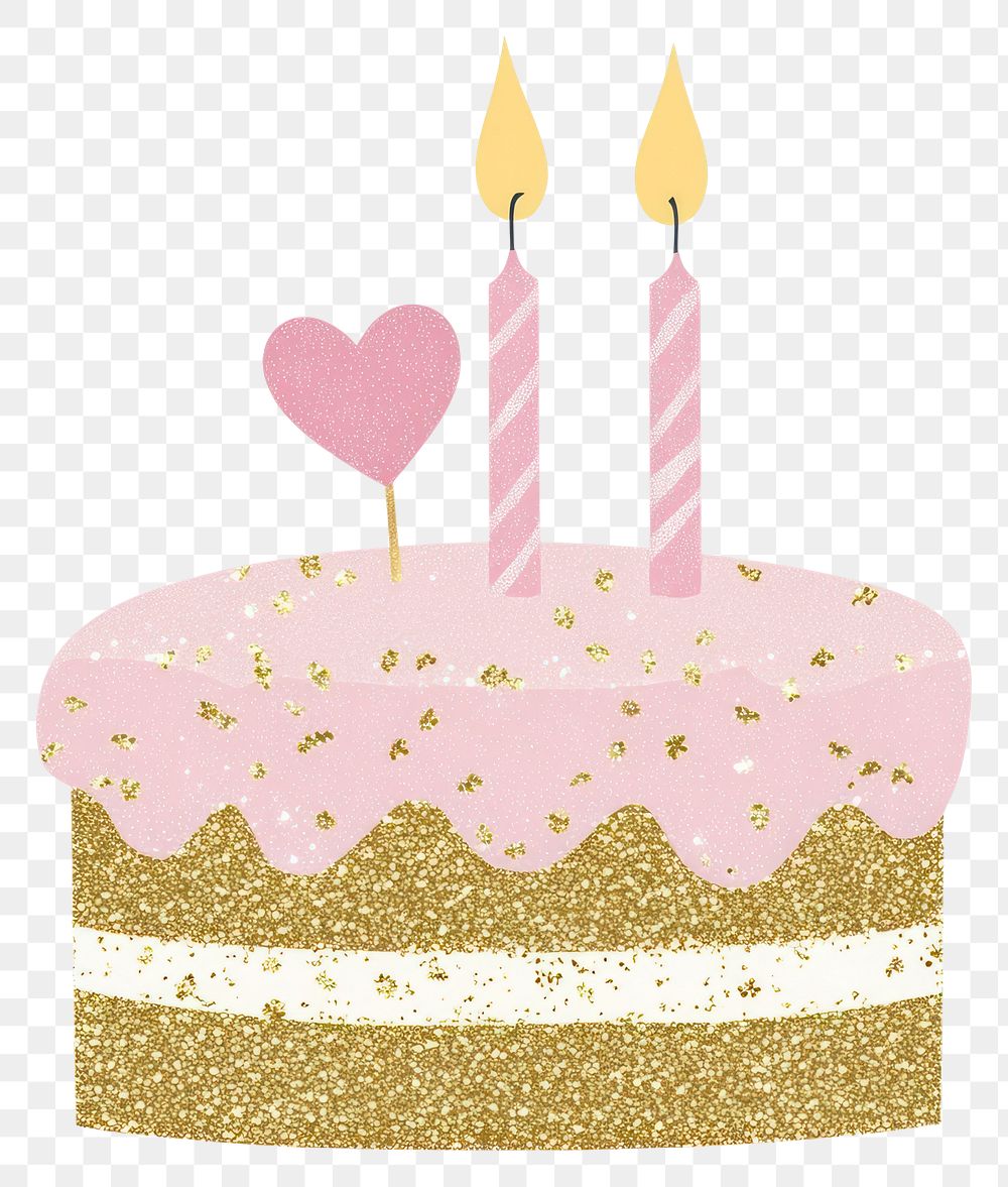 PNG A pink and gold glitter birthday cake with two candles illustration decoration heart.