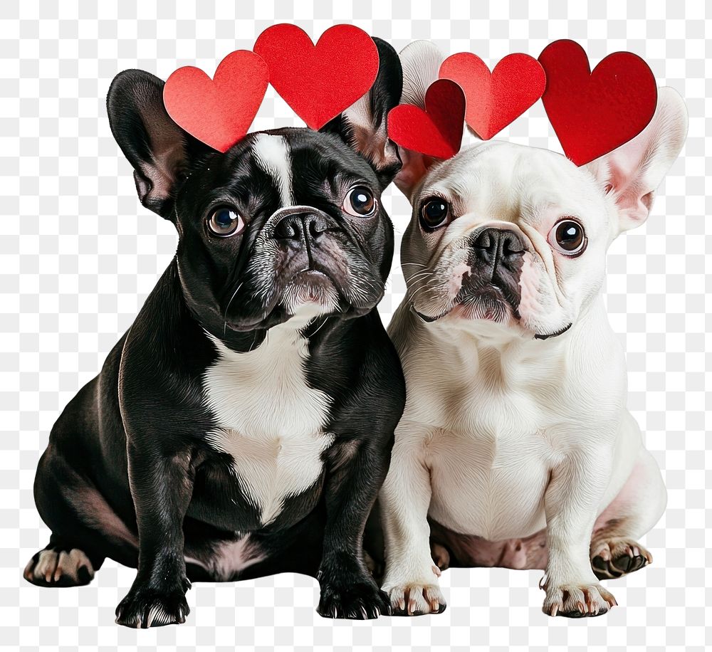 PNG Twos cute white black french bulldogs with many red paper hearts on their heads and body love pet photography.