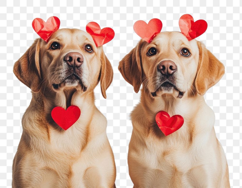 PNG Twos cute labrador with many red paper hearts on their body and heads canine love pets.