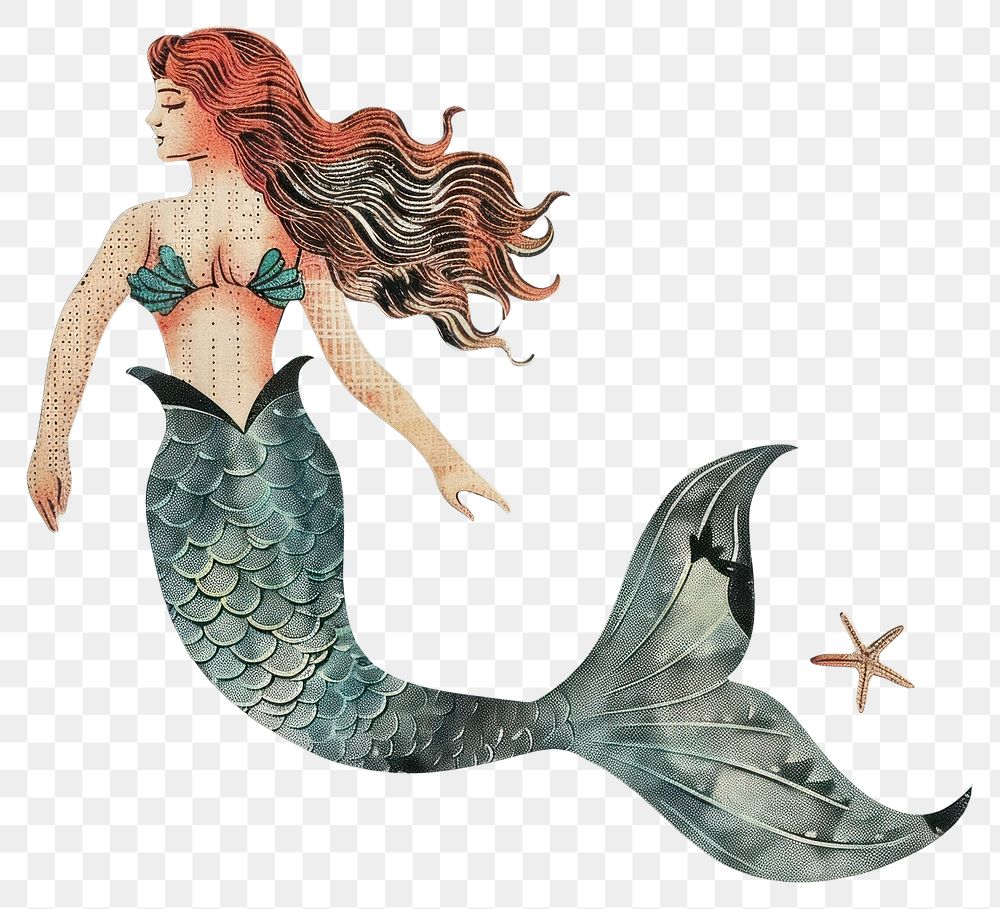 PNG Mermaid retro paper painting art illustration.