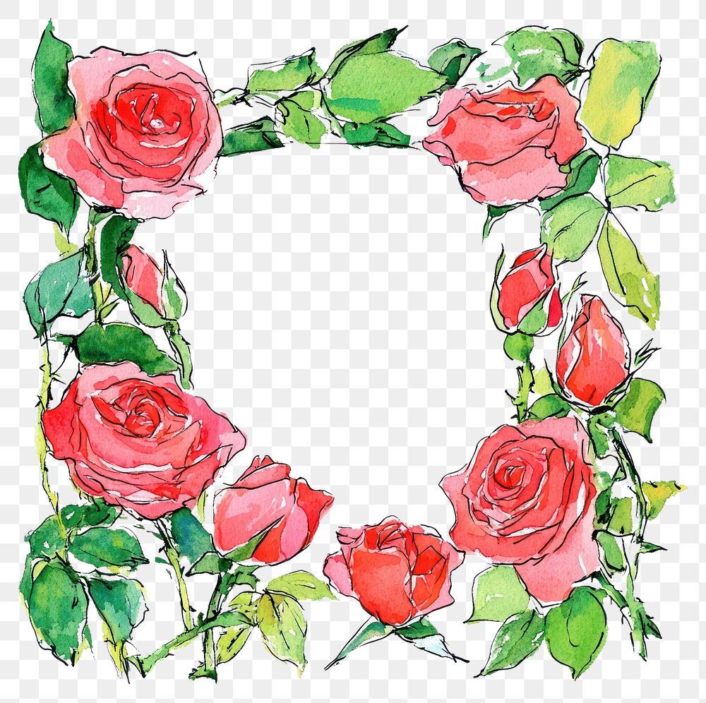 PNG Pink roses flower frame illustration watercolor art.