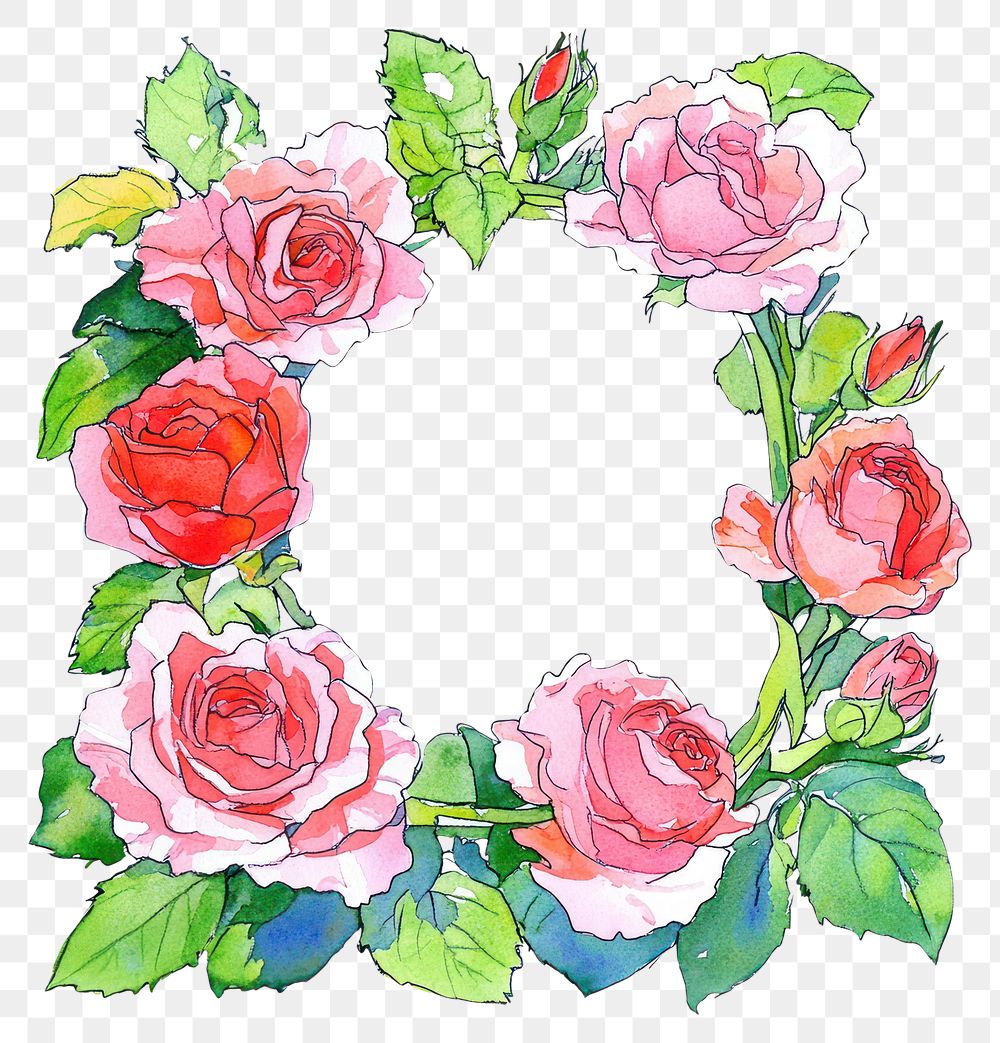 PNG Pink roses flower frame illustration watercolor watercolor illustration.