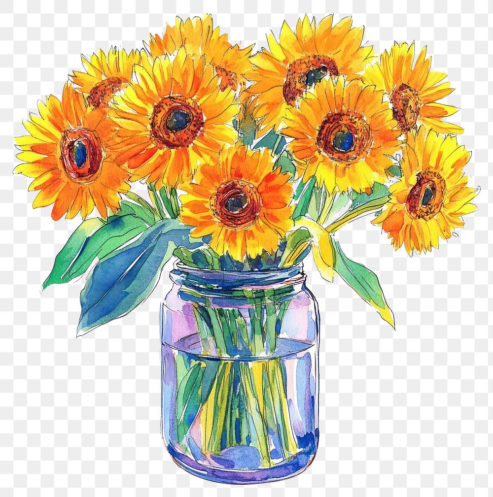 PNG Sunflowers in vase illustration watercolor painting.