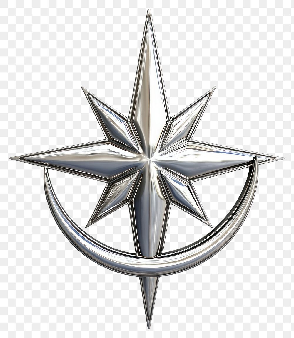 PNG A four-pointed starburst overlapping a crescent moon celestial metallic symbol.