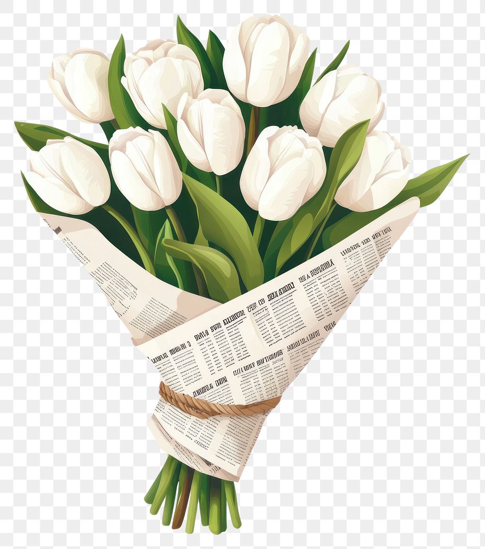 PNG White tulips bouquet flowers illustration newspaper.