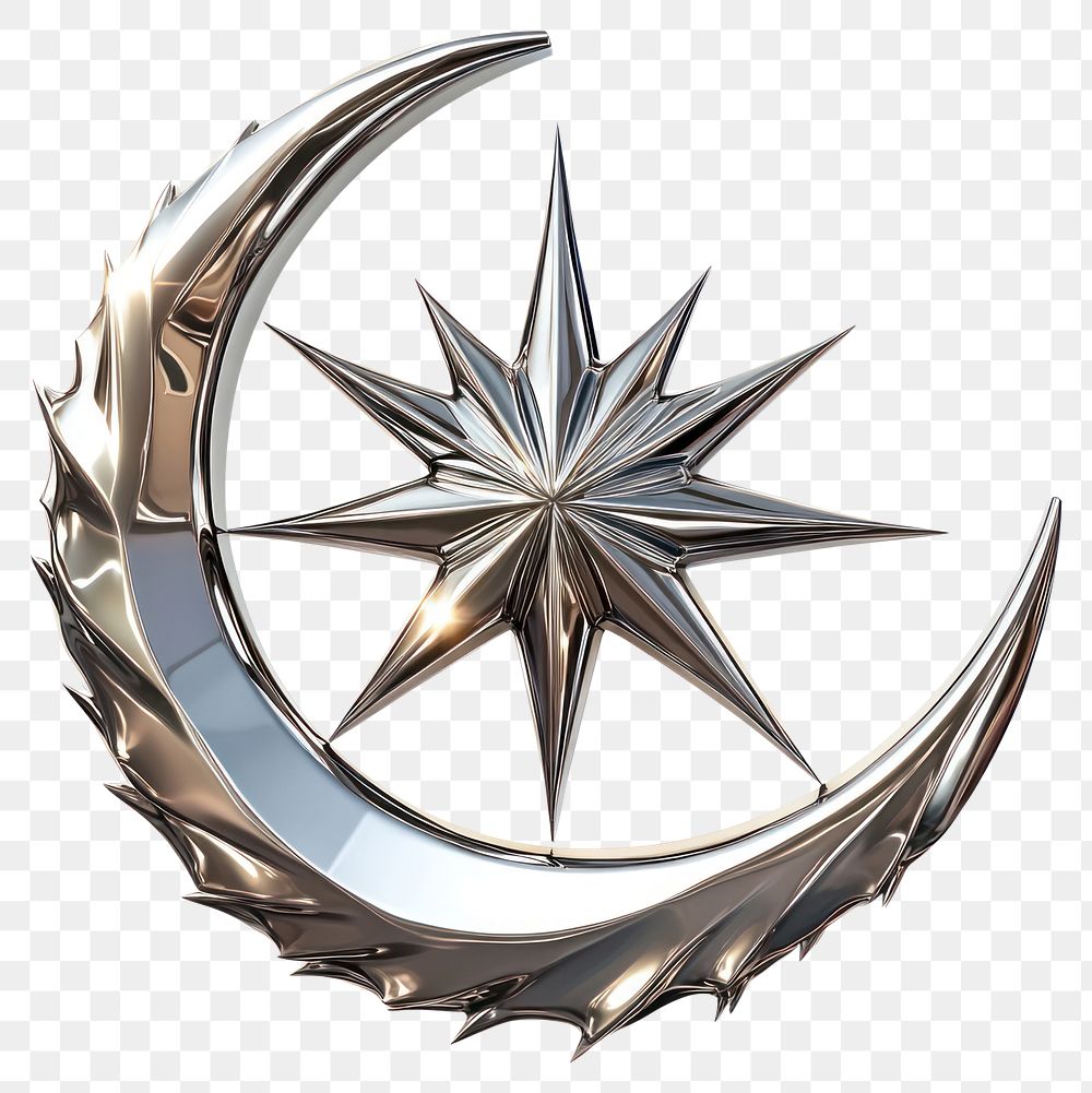 PNG Chrome crescent moon paired with a sharp-edged starburst illustration metallic symbol.