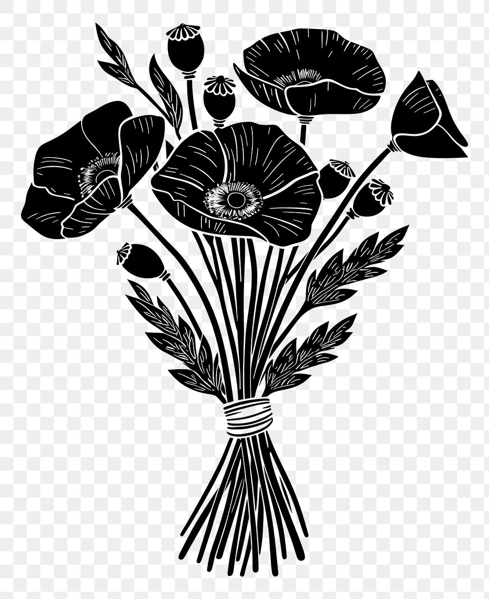 PNG Poppy Flower bouquet wrapping drawing flowers black.