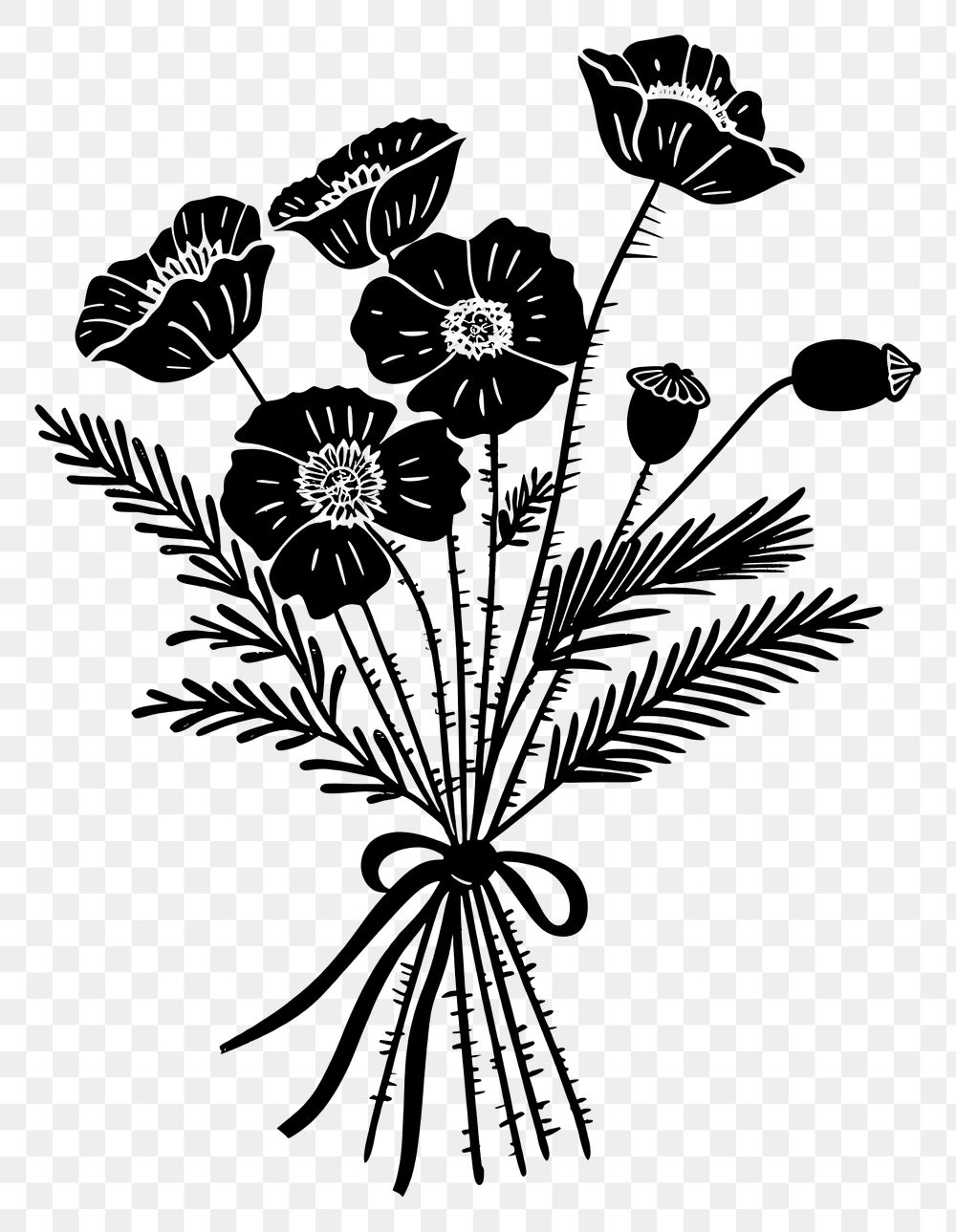 PNG Poppy Flower bouquet wrapping flower silhouette drawing.