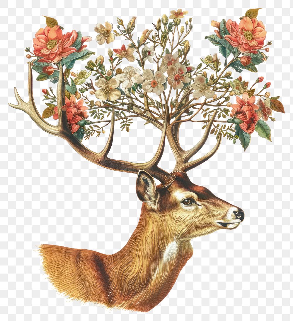 PNG An deer head with flowers antlers illustration wildlife.