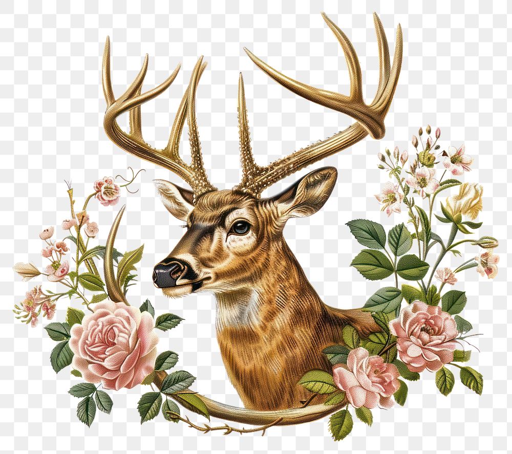 PNG Deer head with flowers antlers illustration wildlife.