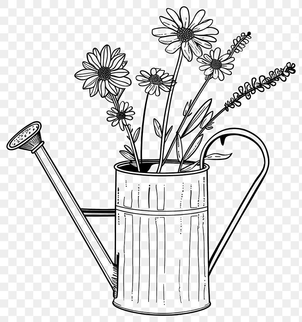 PNG Flowers growing in an old watering can drawing white line.