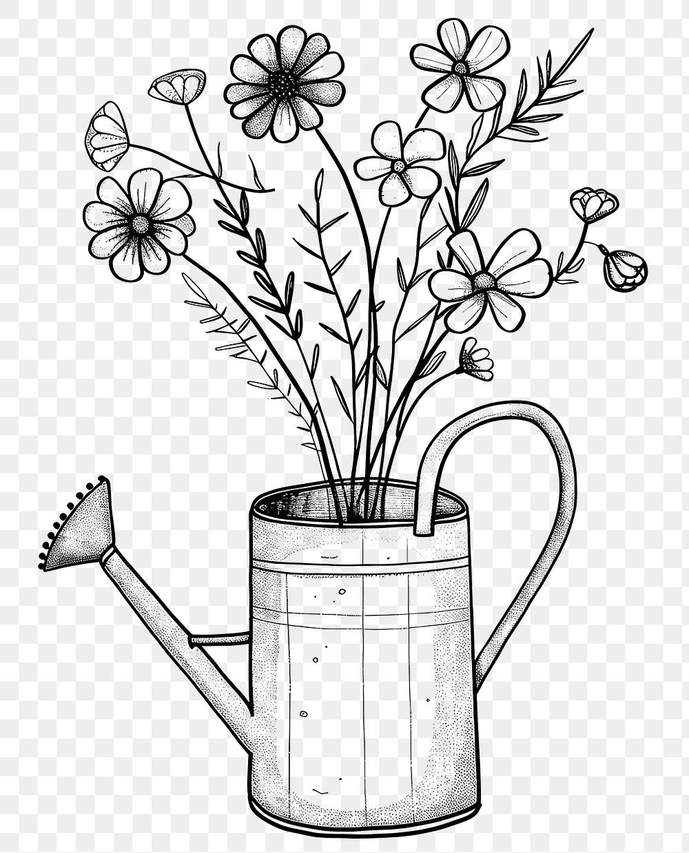 PNG Flowers growing in an old watering can drawing white art.