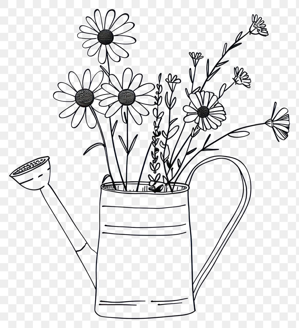 PNG Flowers growing in an old watering can drawing daisy white.