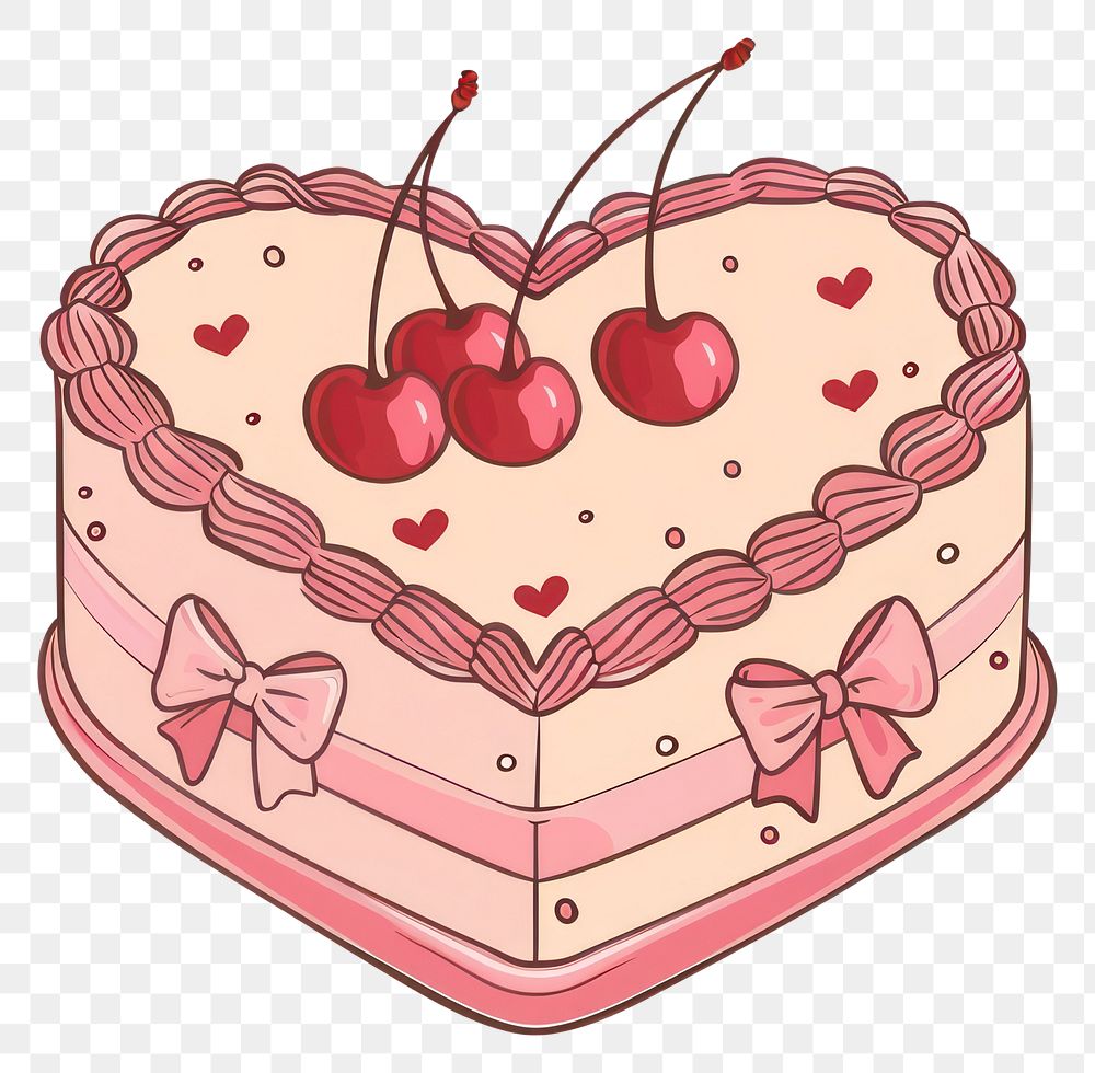 PNG A pink and red heart-shaped vintage cake illustration decoration cherries.