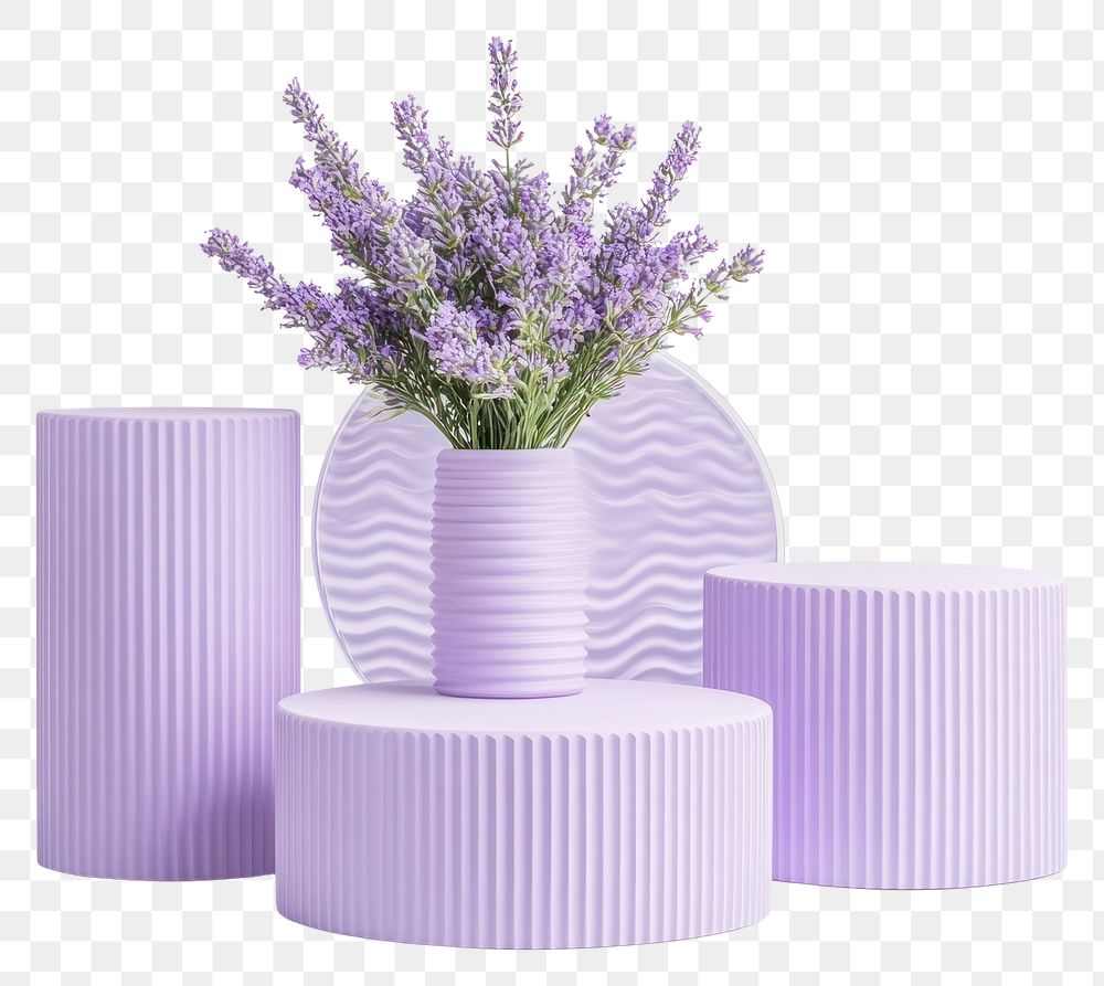 PNG Three lavender cylindrical podiums flowers decoration vase.