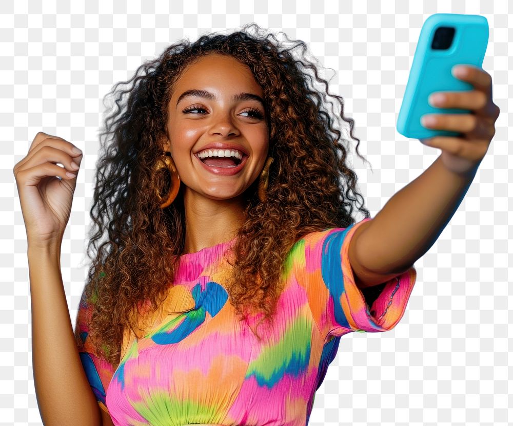 PNG Woman takes a selfie with mobile phone hair expression background.