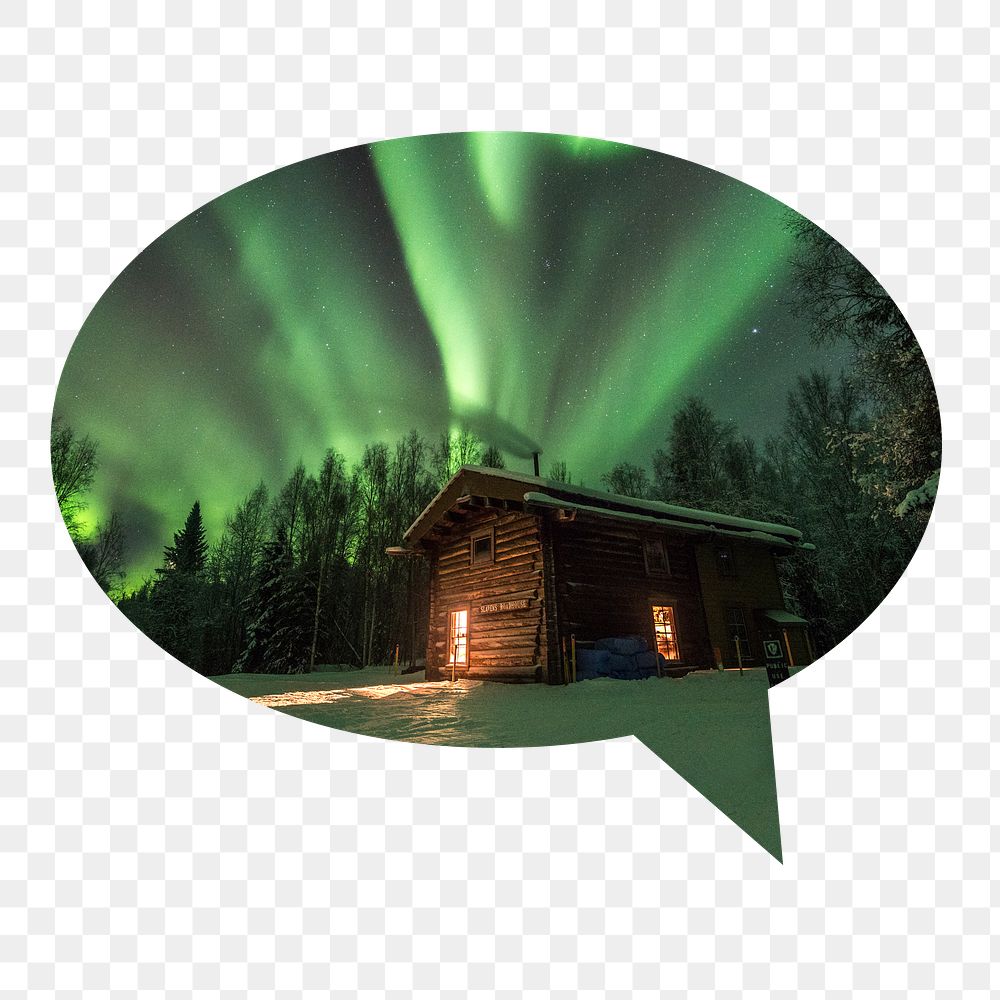 Green aurora png lights badge sticker, travel photo in speech bubble transparent background