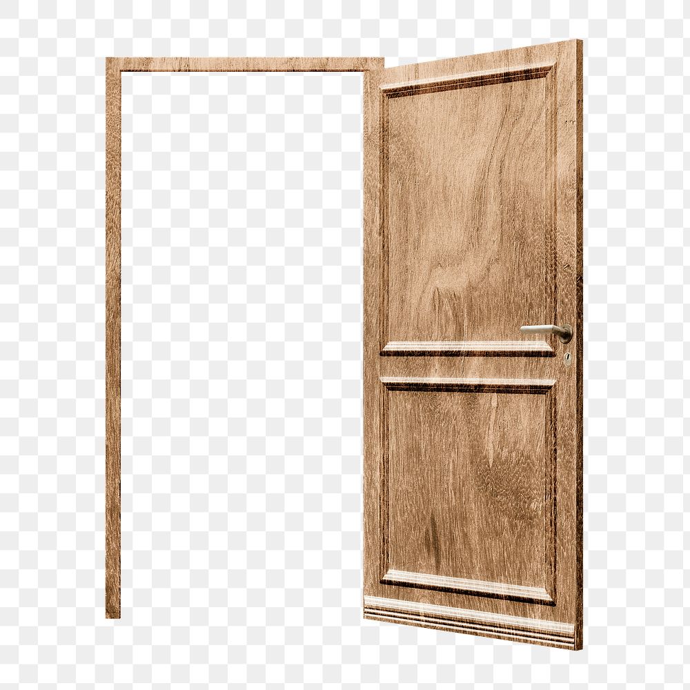 Png open wooden door sticker, modern architecture image on transparent background