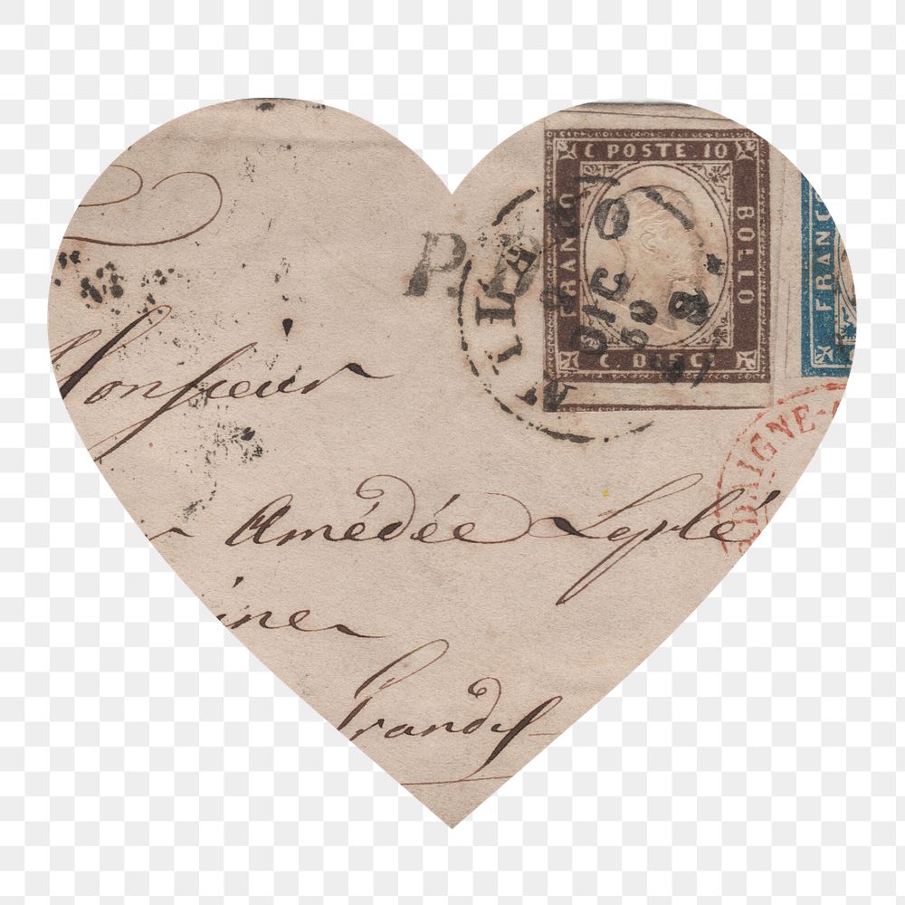 Vintage letter png badge sticker, stationery photo in heart shape, transparent background