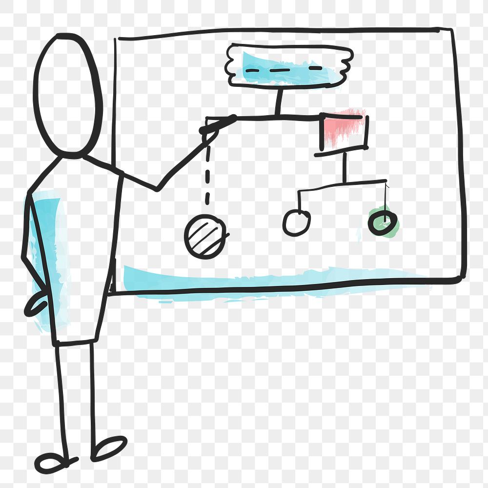 Business doodle png, leader drawing hierarchy chart on a whiteboard, transparent background