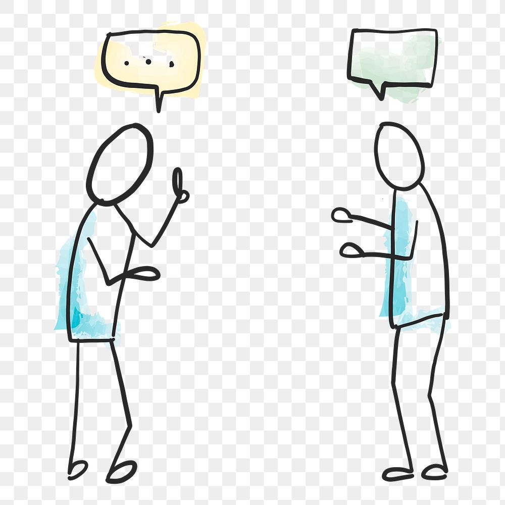 PNG two person talking, conversation doodle sticker in transparent background