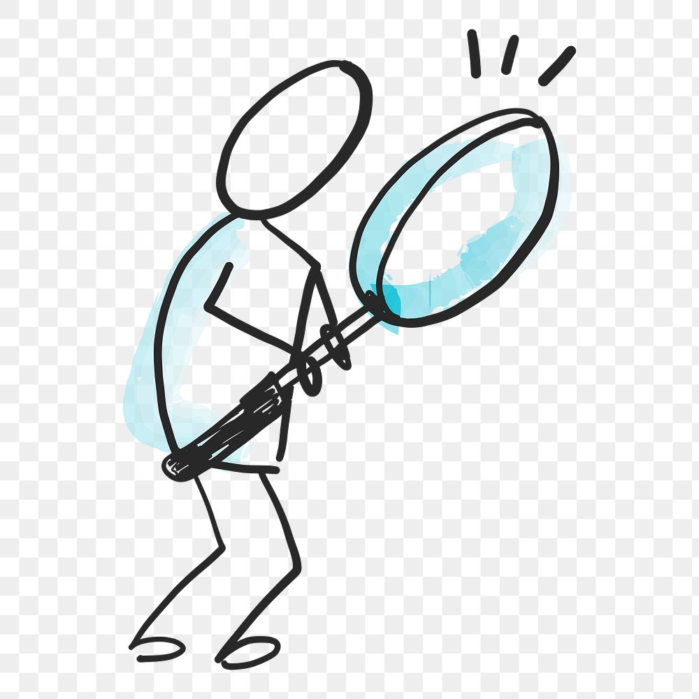 PNG man searching with a magnifying glass, investigation clipart doodle