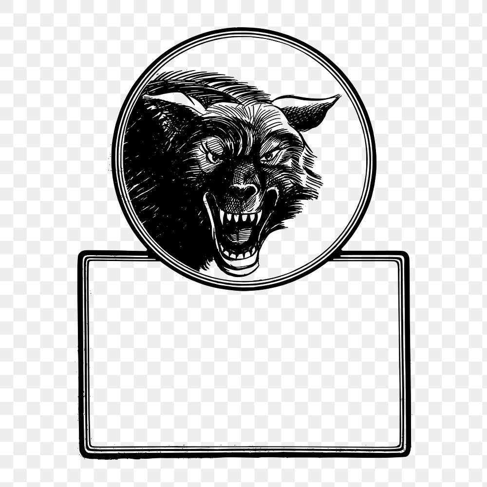 Wolf frame png sticker, vintage animal illustration on transparent background. Free public domain CC0 image.