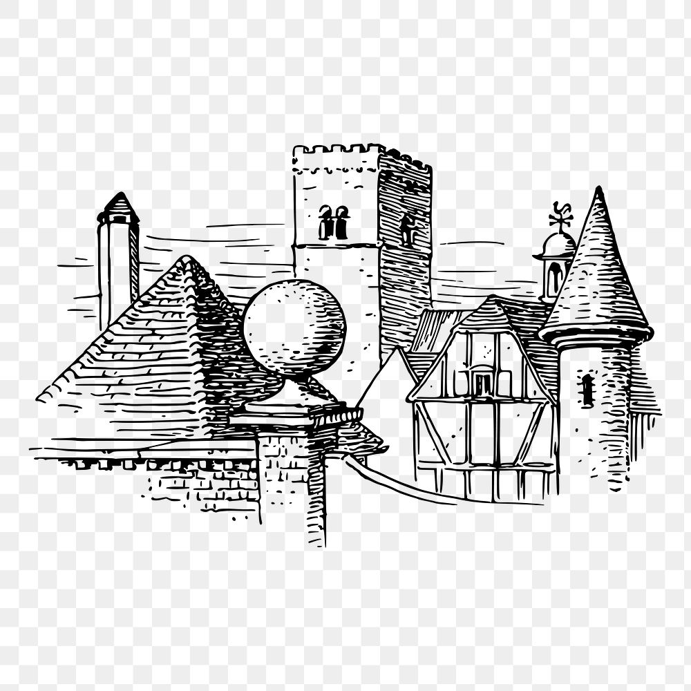 Medieval castle png sticker, vintage architecture illustration on transparent background. Free public domain CC0 image.