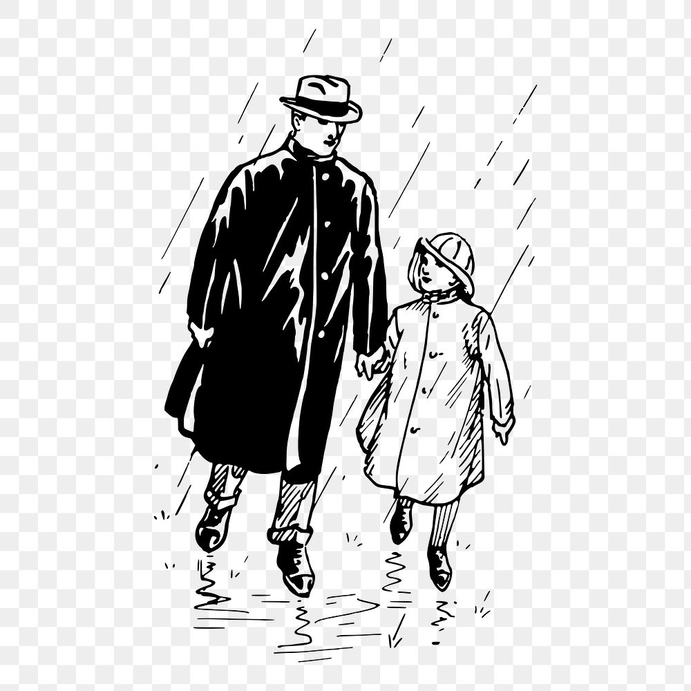 Png father, daughter walking in the rain sticker, vintage illustration on transparent background. Free public domain CC0…