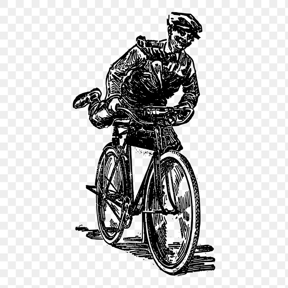 Png delivery man riding bicycle sticker, vintage illustration on transparent background. Free public domain CC0 image.