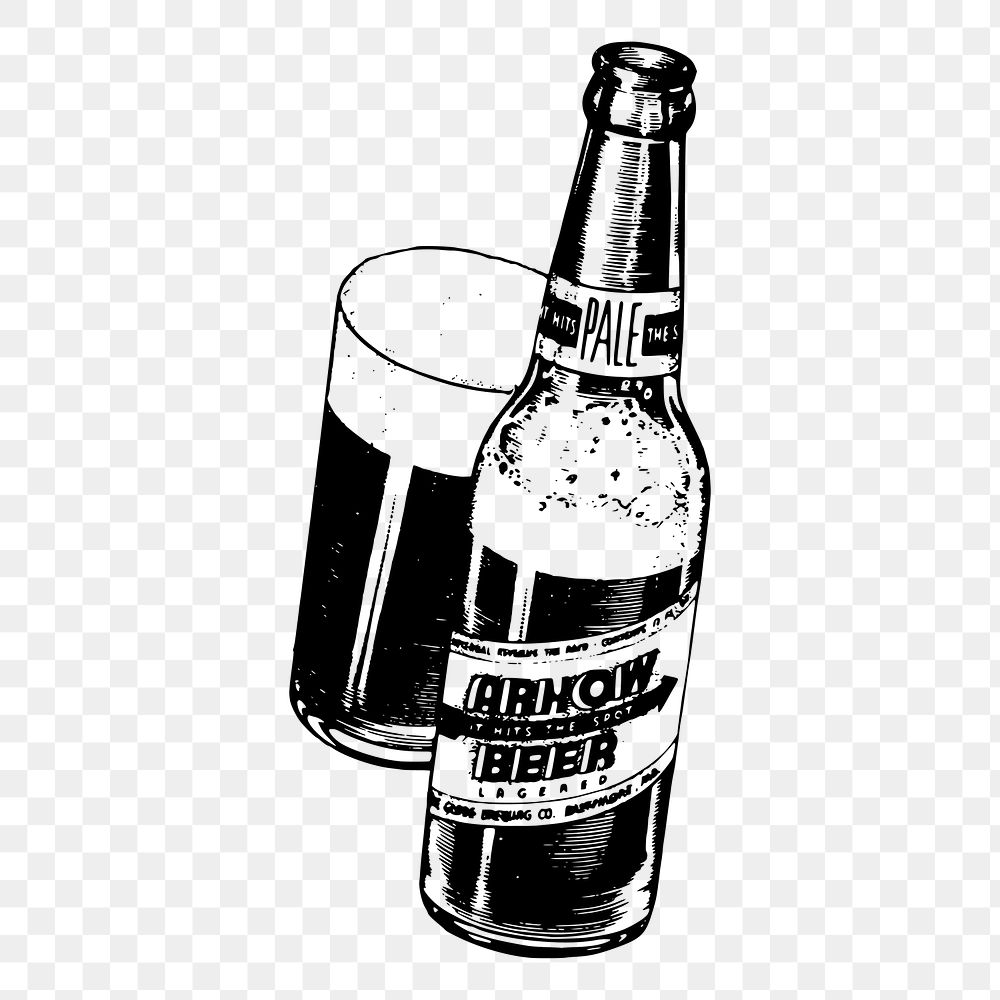 Beer bottle png sticker, vintage beverage illustration on transparent background. Free public domain CC0 image.