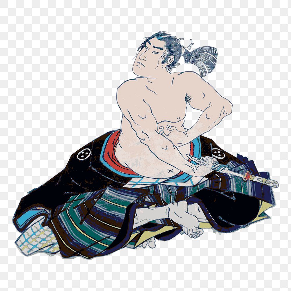 Png Japanese man performing Seppuku sticker, vintage illustration on transparent background. Free public domain CC0 image.