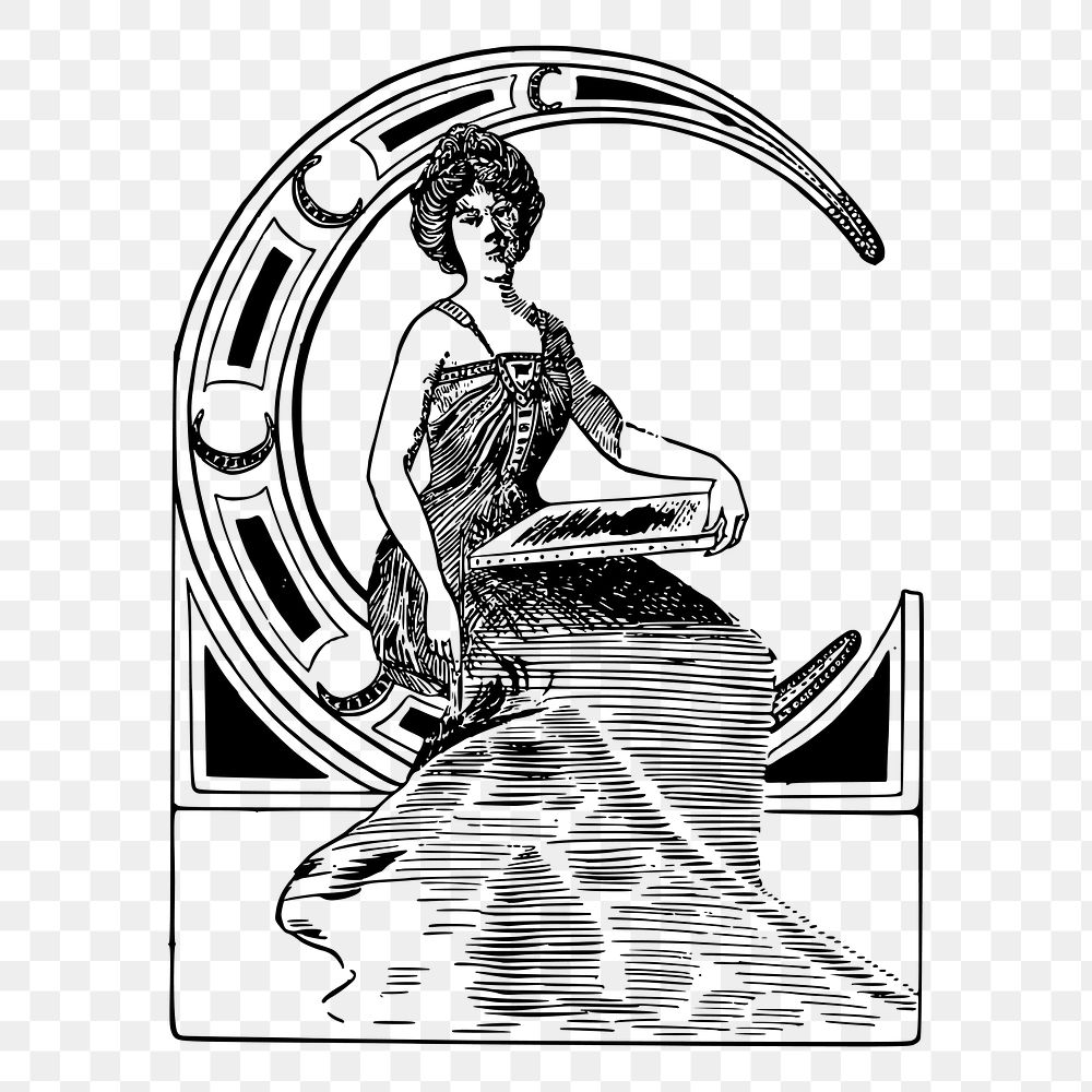 Png lady sitting on crescent moon sticker, vintage illustration on transparent background. Free public domain CC0 image.