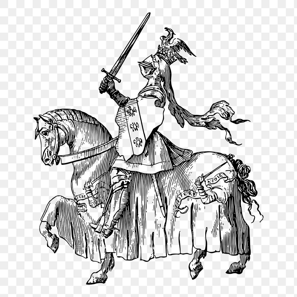 Knight png riding horse sticker, medieval illustration on transparent background. Free public domain CC0 image.
