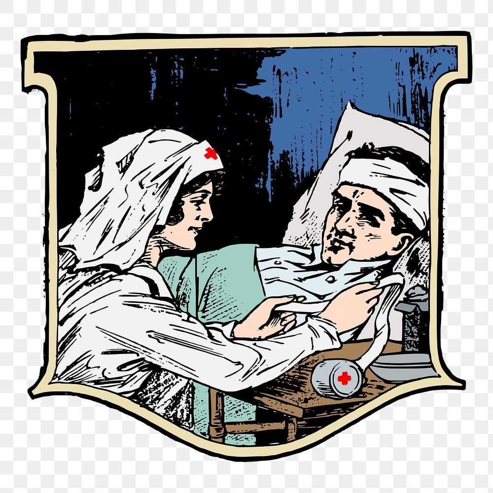 Nurse png treating patient  sticker, medical vintage illustration on transparent background. Free public domain CC0 image.