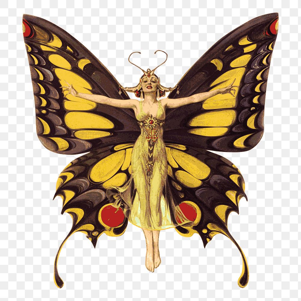 Butterfly fairy png sticker, mythical creature vintage illustration on transparent background. Free public domain CC0 image.