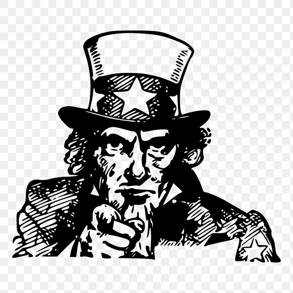 Uncle Sam png pointing sticker, famous person vintage illustration on transparent background. Free public domain CC0 image.