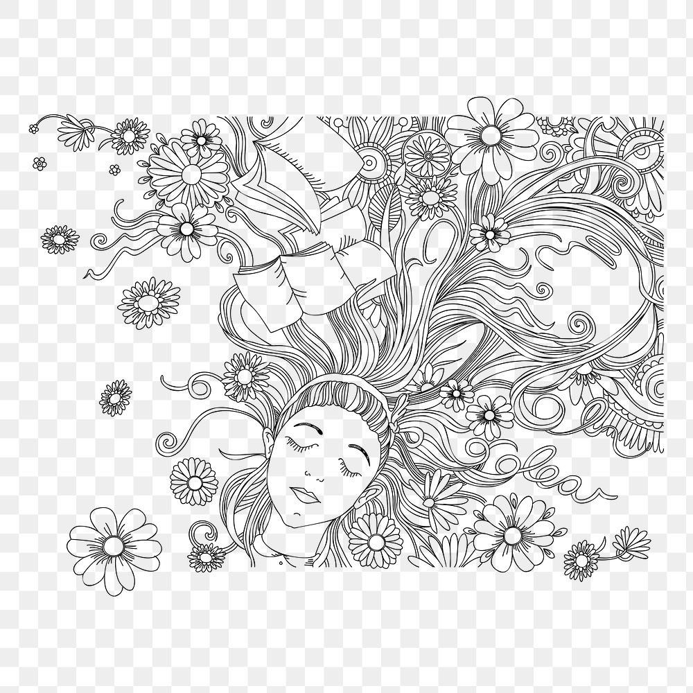 Sleeping woman png sticker, floral aesthetic illustration on transparent background. Free public domain CC0 image.