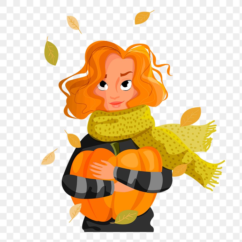 Woman hugging png pumpkin sticker, Autumn illustration on transparent background. Free public domain CC0 image.