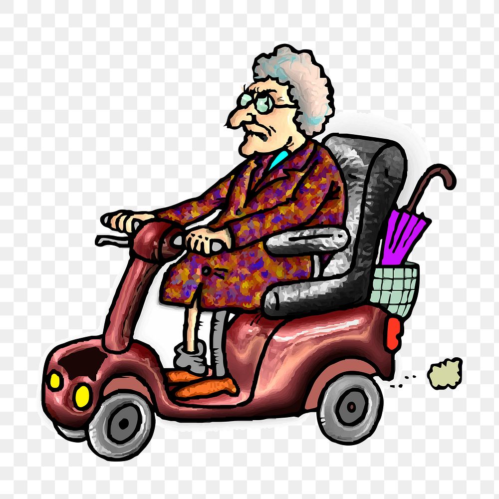 Elderly woman png sticker, mobility scooter illustration on transparent background. Free public domain CC0 image.