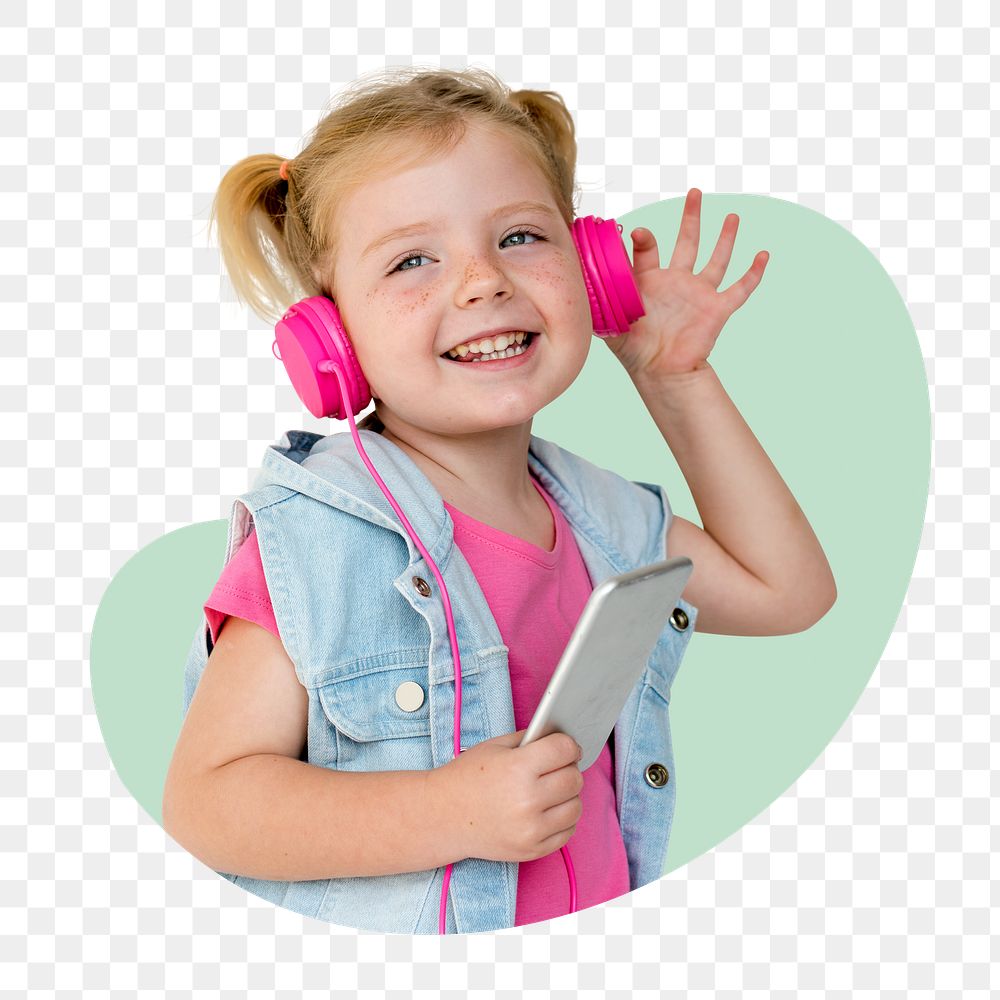 Png little girl enjoying music badge sticker, hobby photo in blob shape, transparent background