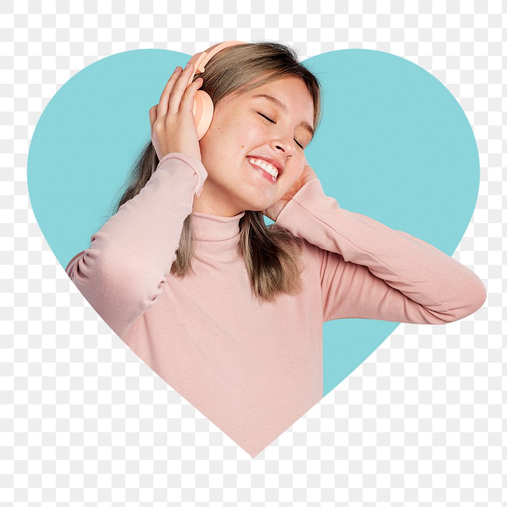 Png girl enjoying music heart badge sticker, hobby  photo in heart shape, transparent background