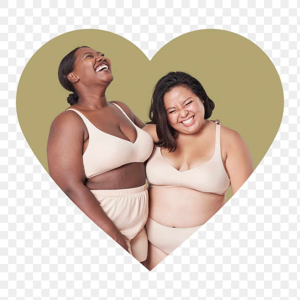 Diverse women png badge sticker, body positivity photo in heart shape, transparent background