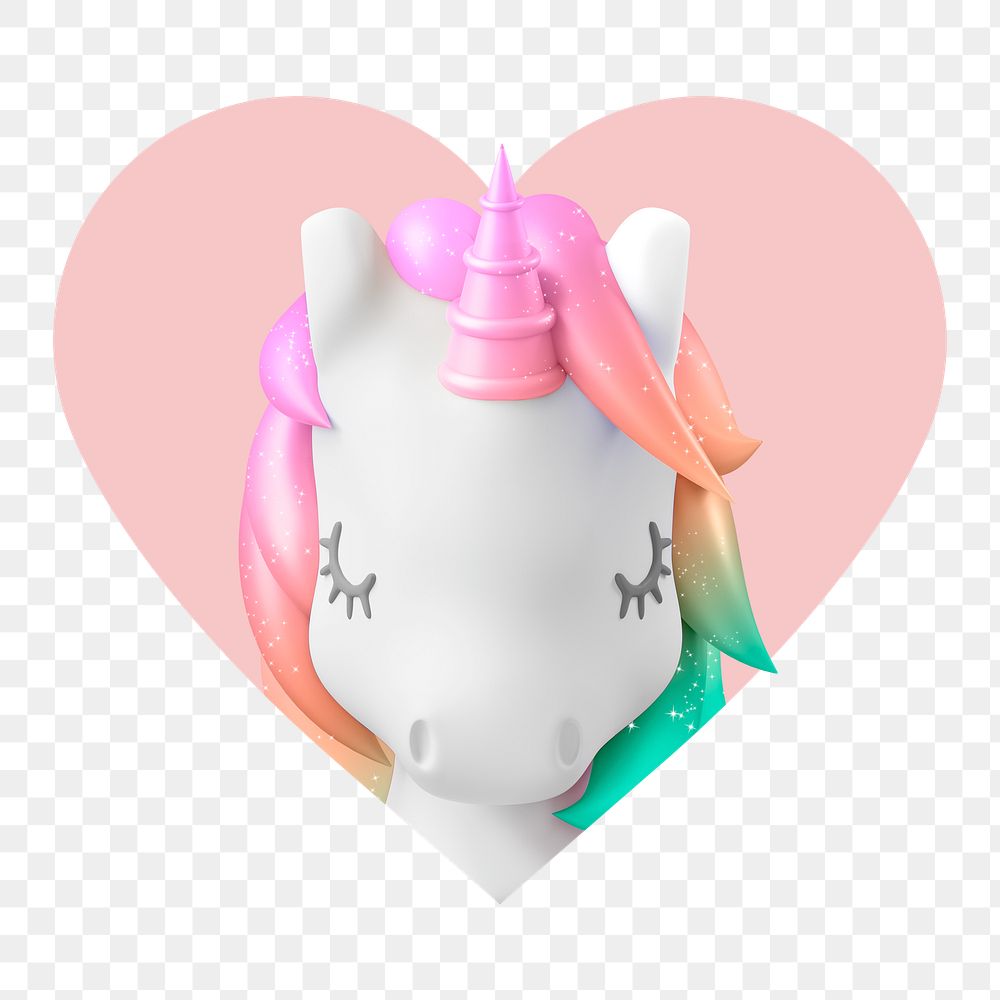 3D unicorn png badge sticker, modern design in heart shape, transparent background