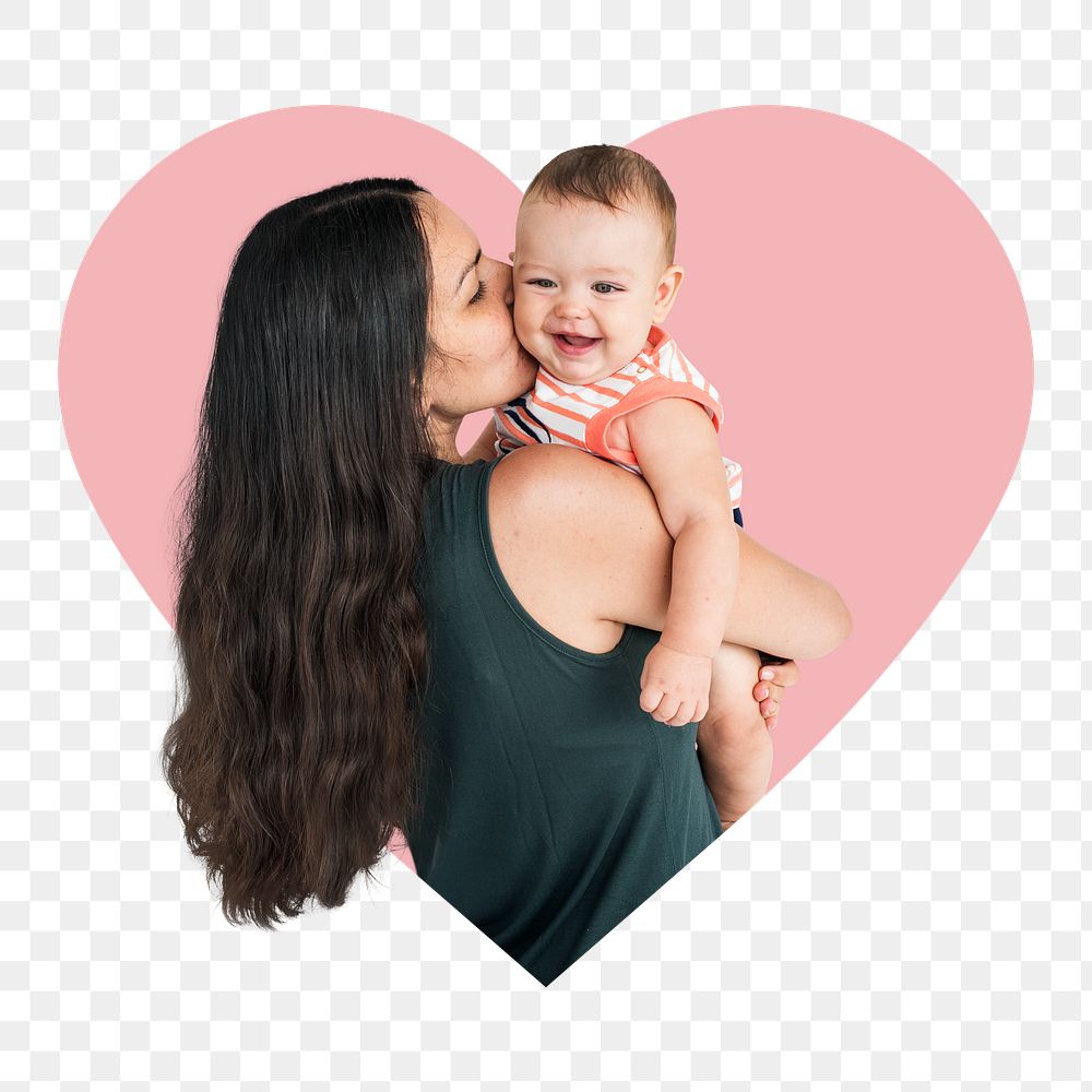Mother and baby png badge sticker, family  photo in heart shape, transparent background
