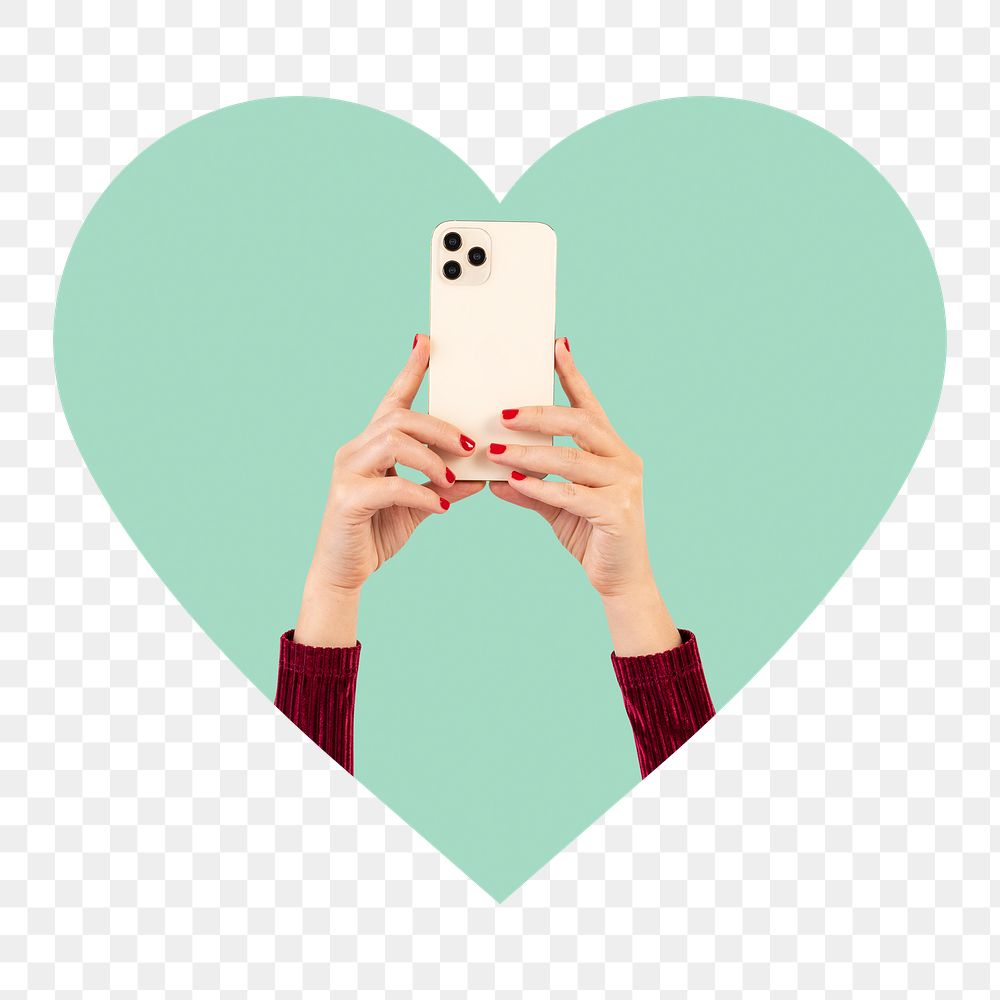 Phone in hands png badge sticker, digital device photo in heart shape, transparent background