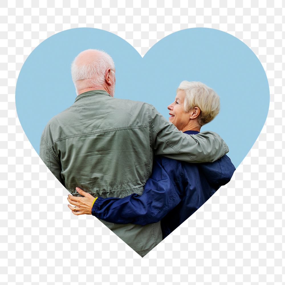 Senior couple png badge sticker, rear view photo in heart shape, transparent background